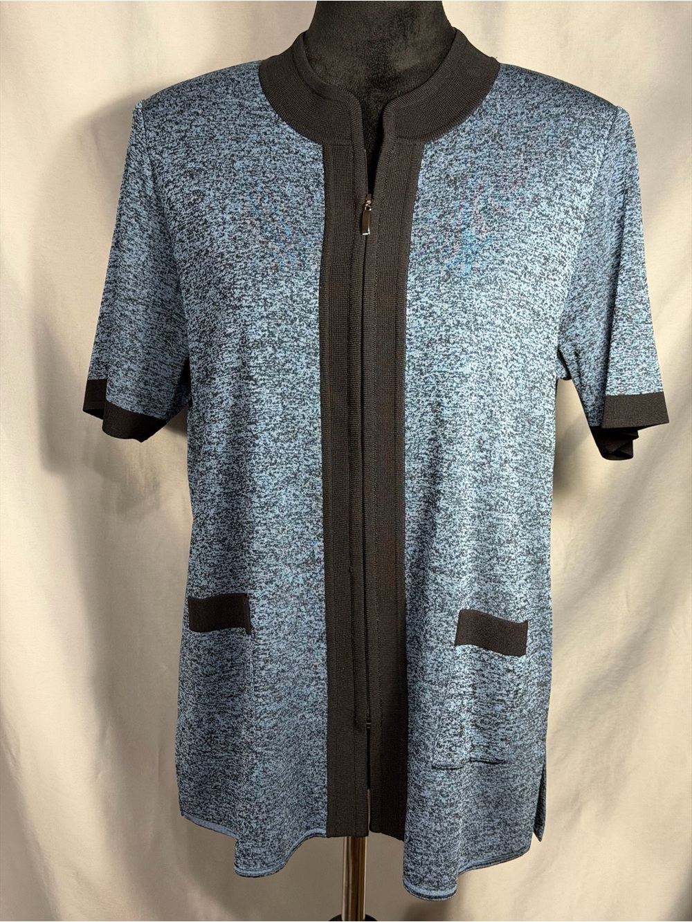 Exclusively Misook Cardigan Jacket Short Sleeve Zip Lightweight Blue Black Sz L